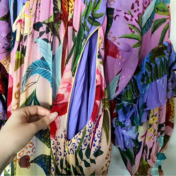 Farm Rio Dress Amazonian Ombre Maxi Animal Ruffled Rainbow Tropical Multi S GUC - Picture 4 of 15